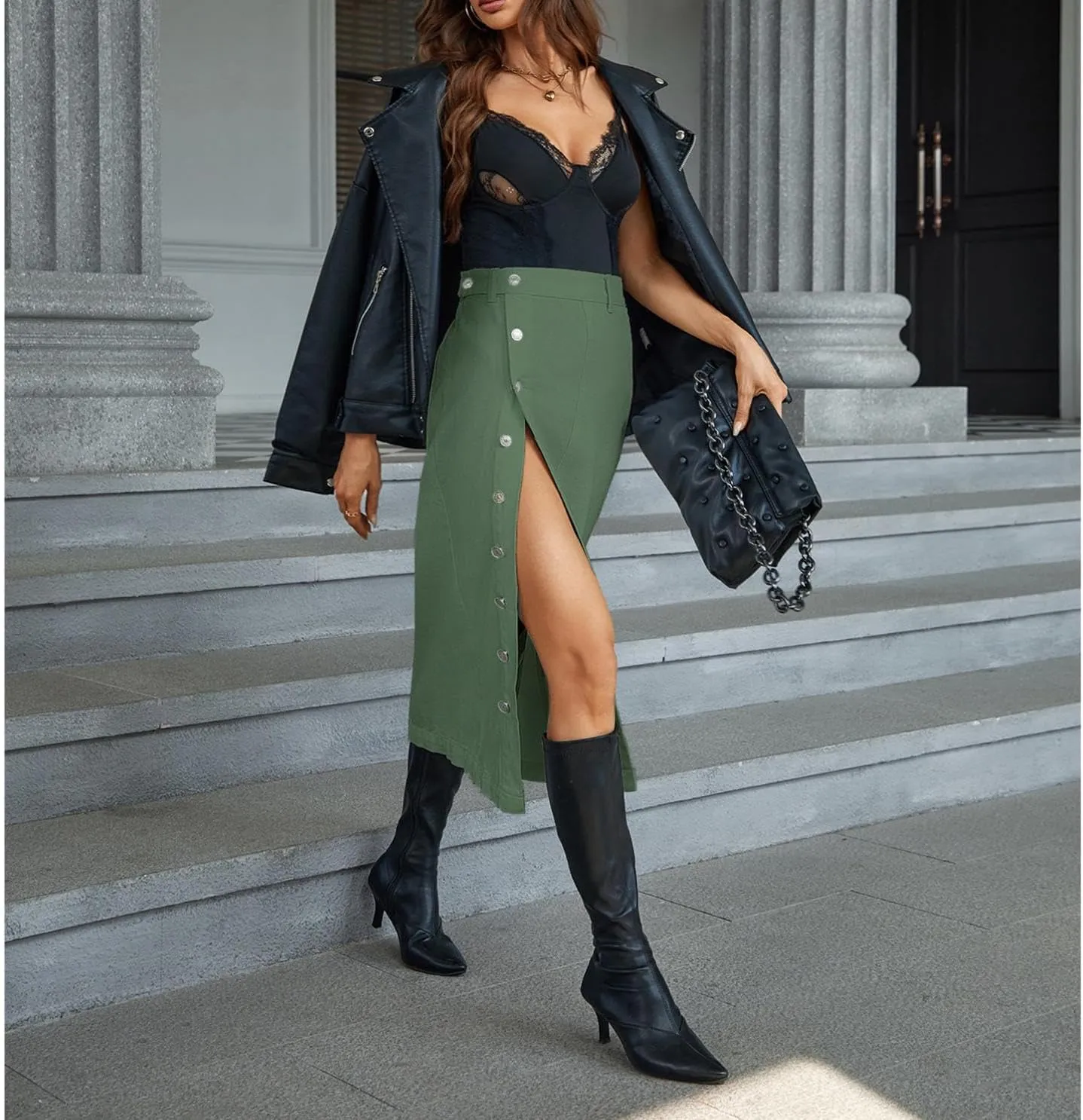 Women's Casual Slit Denim Midi Jean Skirt Stretch High Waisted Button Up Dress