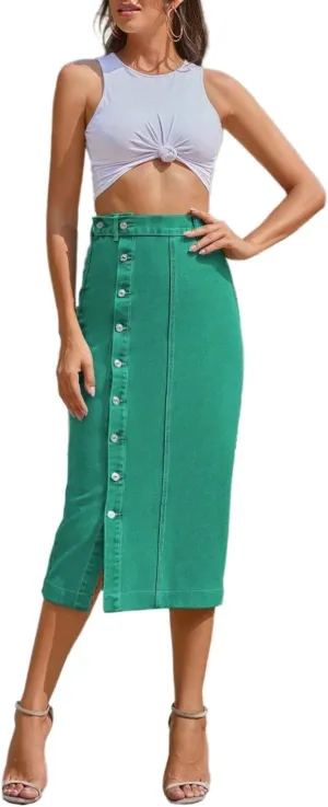 Women's Casual Slit Denim Midi Jean Skirt Stretch High Waisted Button Up Dress