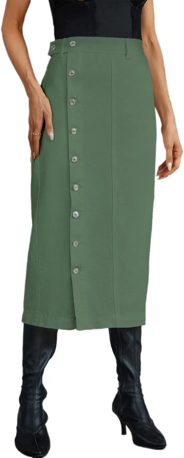 Women's Casual Slit Denim Midi Jean Skirt Stretch High Waisted Button Up Dress