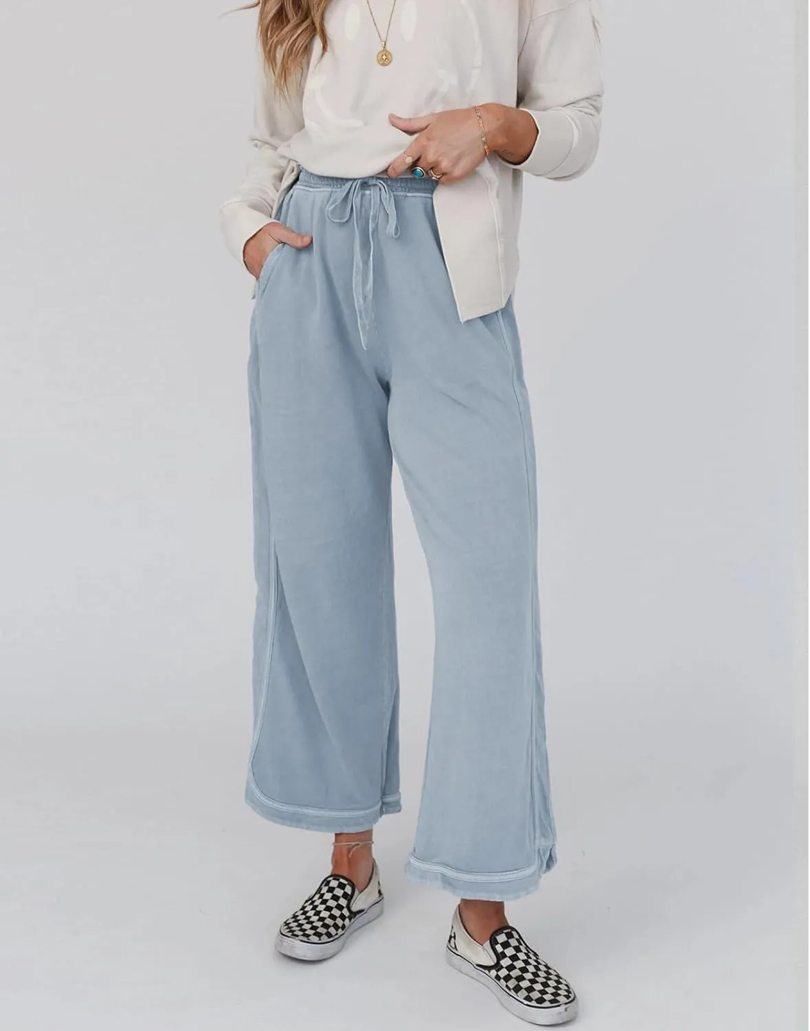 Womens Casual Wide Leg Sweatpants High Waisted Drawstring Palazzo Pants Summer Loose Lounge Pants with Pockets