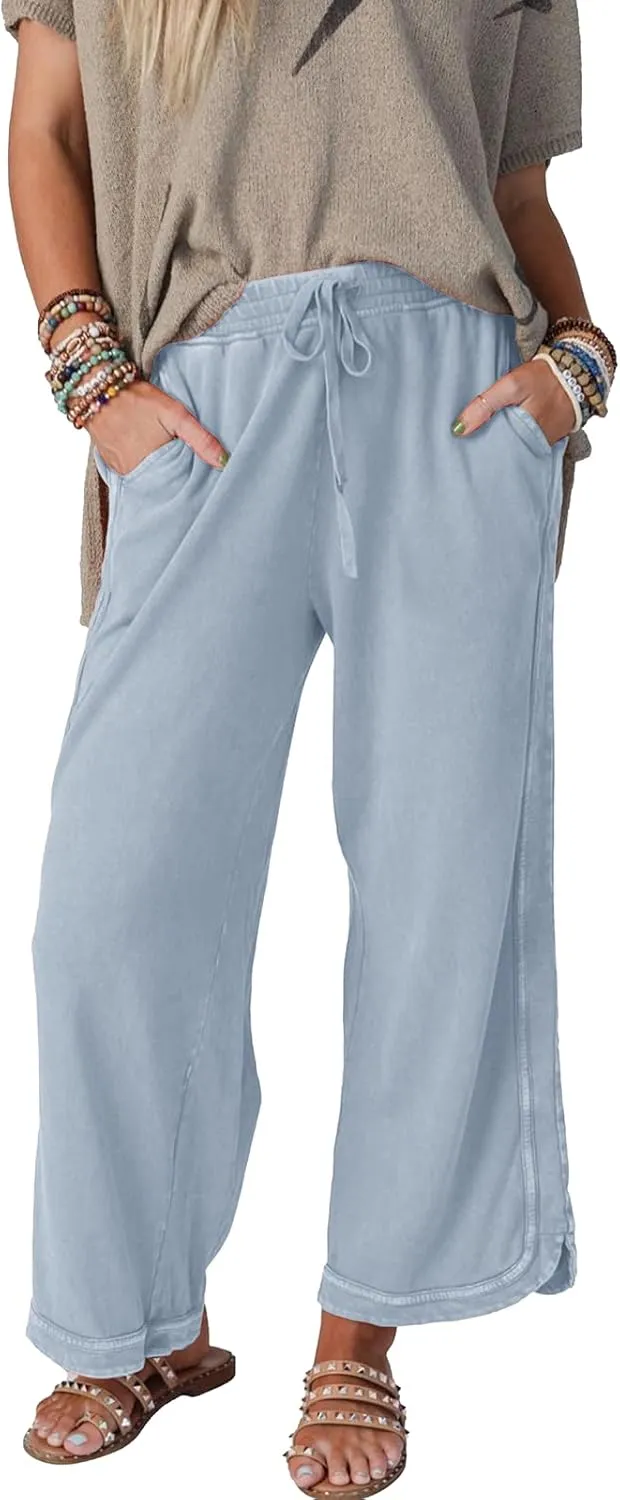 Womens Casual Wide Leg Sweatpants High Waisted Drawstring Palazzo Pants Summer Loose Lounge Pants with Pockets