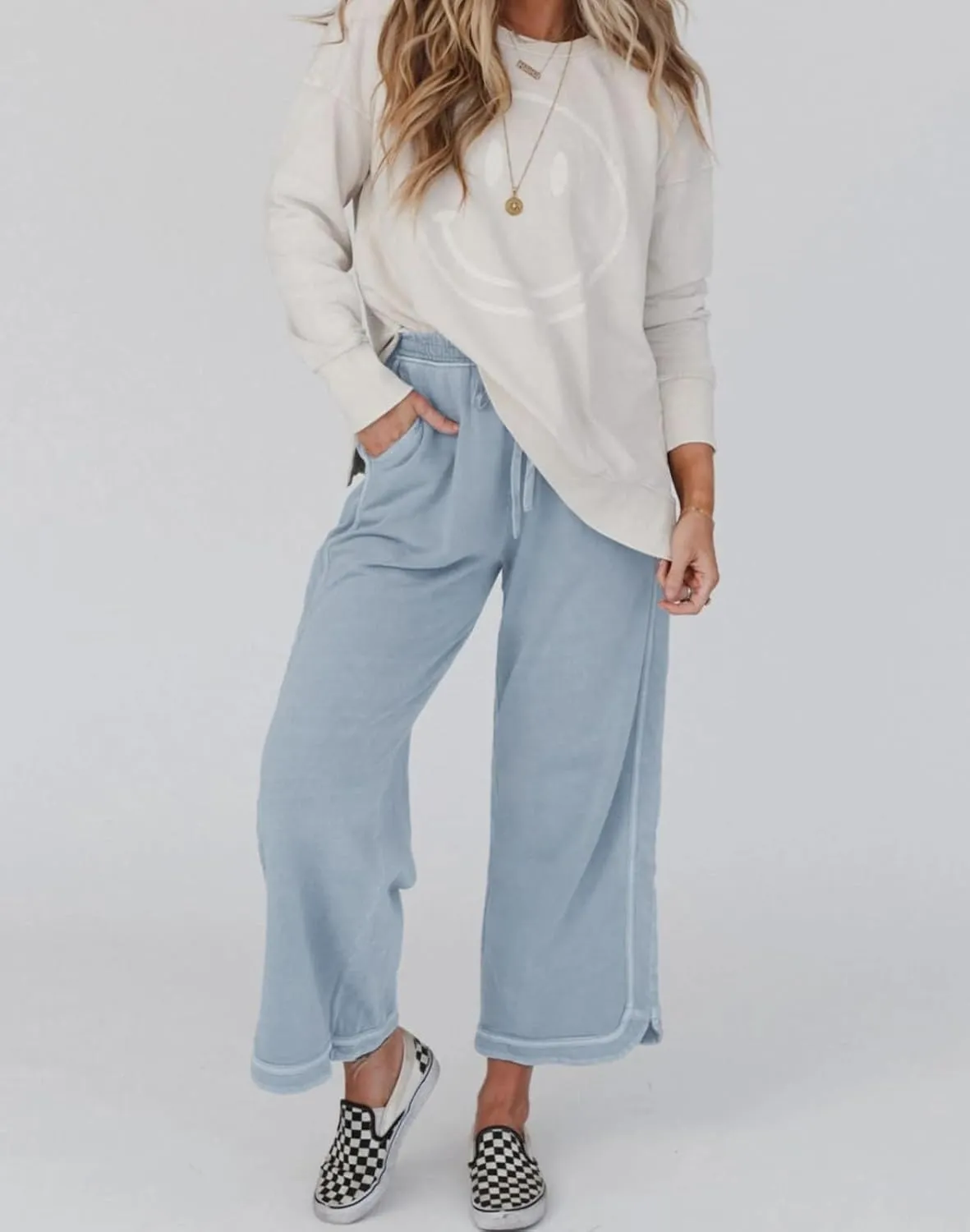 Womens Casual Wide Leg Sweatpants High Waisted Drawstring Palazzo Pants Summer Loose Lounge Pants with Pockets