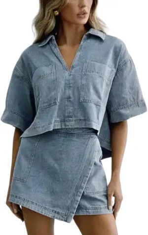 Women's Denim 2 Piece Outfits Summer Lapel V Neck Crop Top High Waisted Jean Mini Skirt Shorts Set with Pockets
