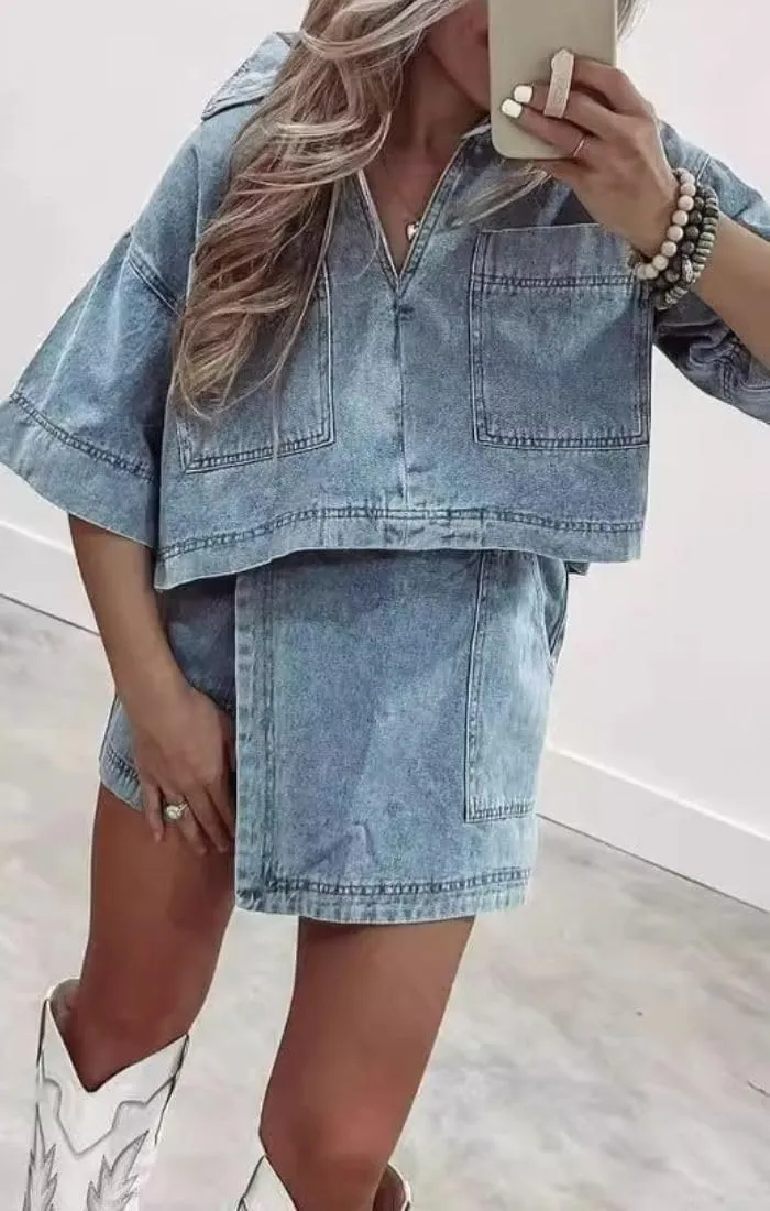 Women's Denim 2 Piece Outfits Summer Lapel V Neck Crop Top High Waisted Jean Mini Skirt Shorts Set with Pockets