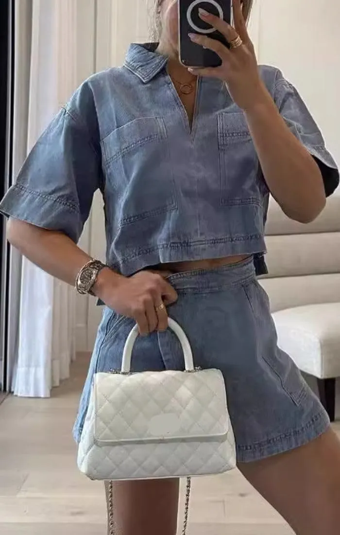 Women's Denim 2 Piece Outfits Summer Lapel V Neck Crop Top High Waisted Jean Mini Skirt Shorts Set with Pockets
