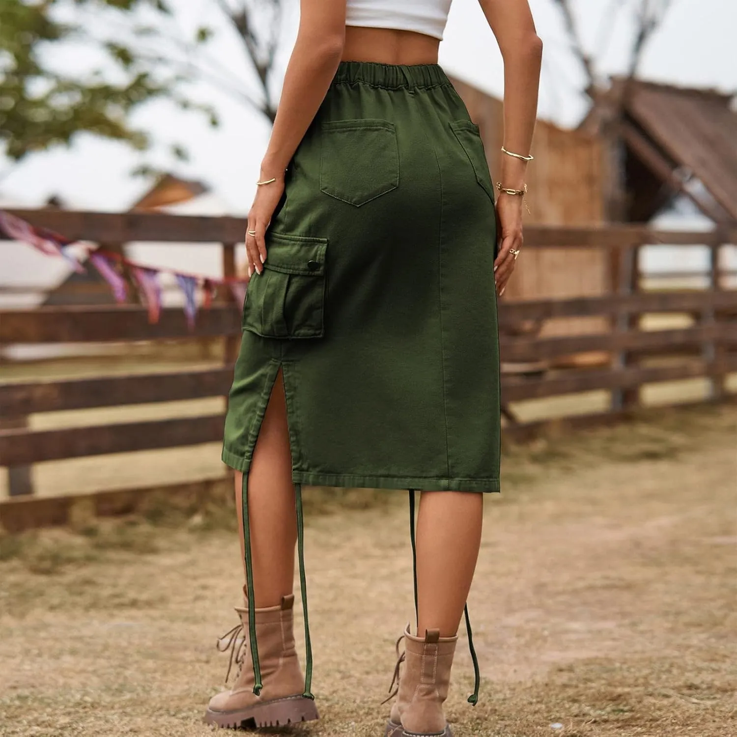 Women's Denim lace up Tooling Skirt Casual mid Length Skirt Animal Print Skirt with Slit