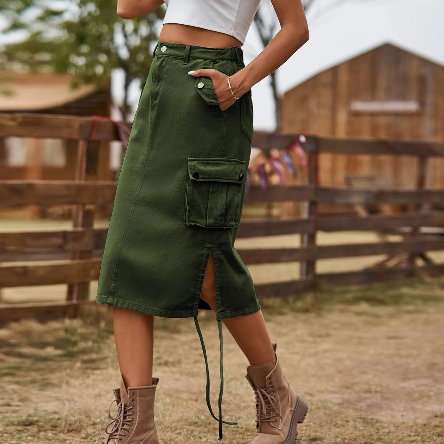 Women's Denim lace up Tooling Skirt Casual mid Length Skirt Animal Print Skirt with Slit