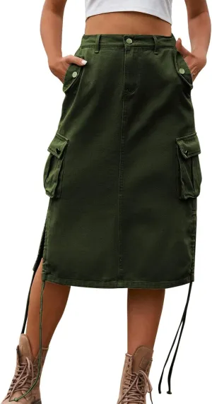 Women's Denim lace up Tooling Skirt Casual mid Length Skirt Animal Print Skirt with Slit