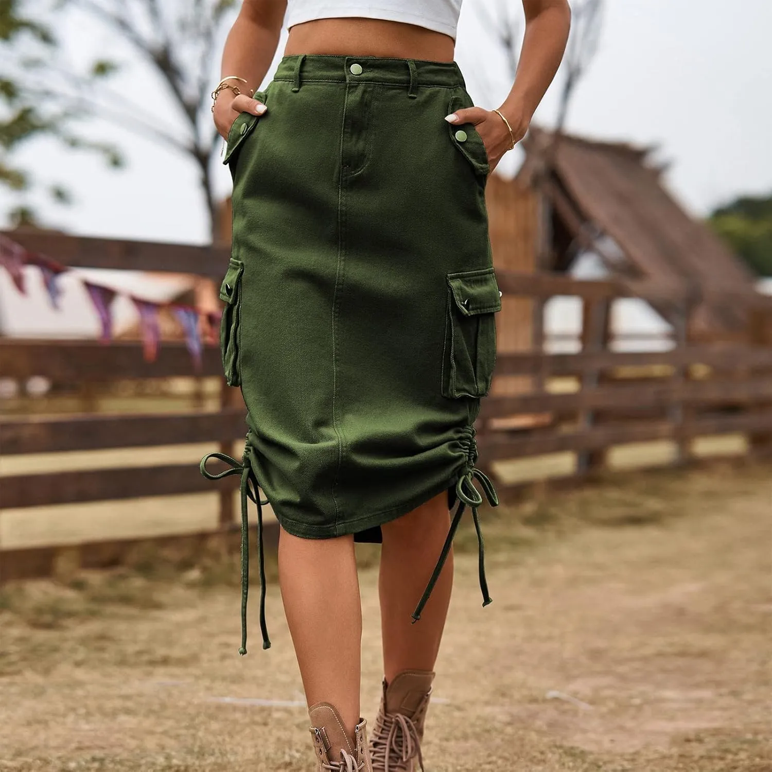 Women's Denim lace up Tooling Skirt Casual mid Length Skirt Animal Print Skirt with Slit