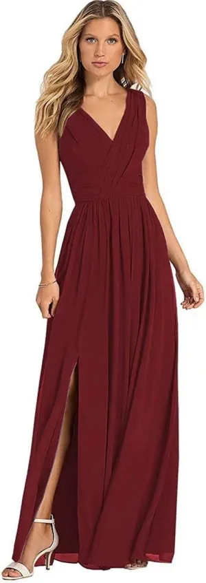 Women's Double V Neck Bridesmaid Dress Open Back Evening Prom Gown Long Chiffon Formal Dress Burgundy Custom Size