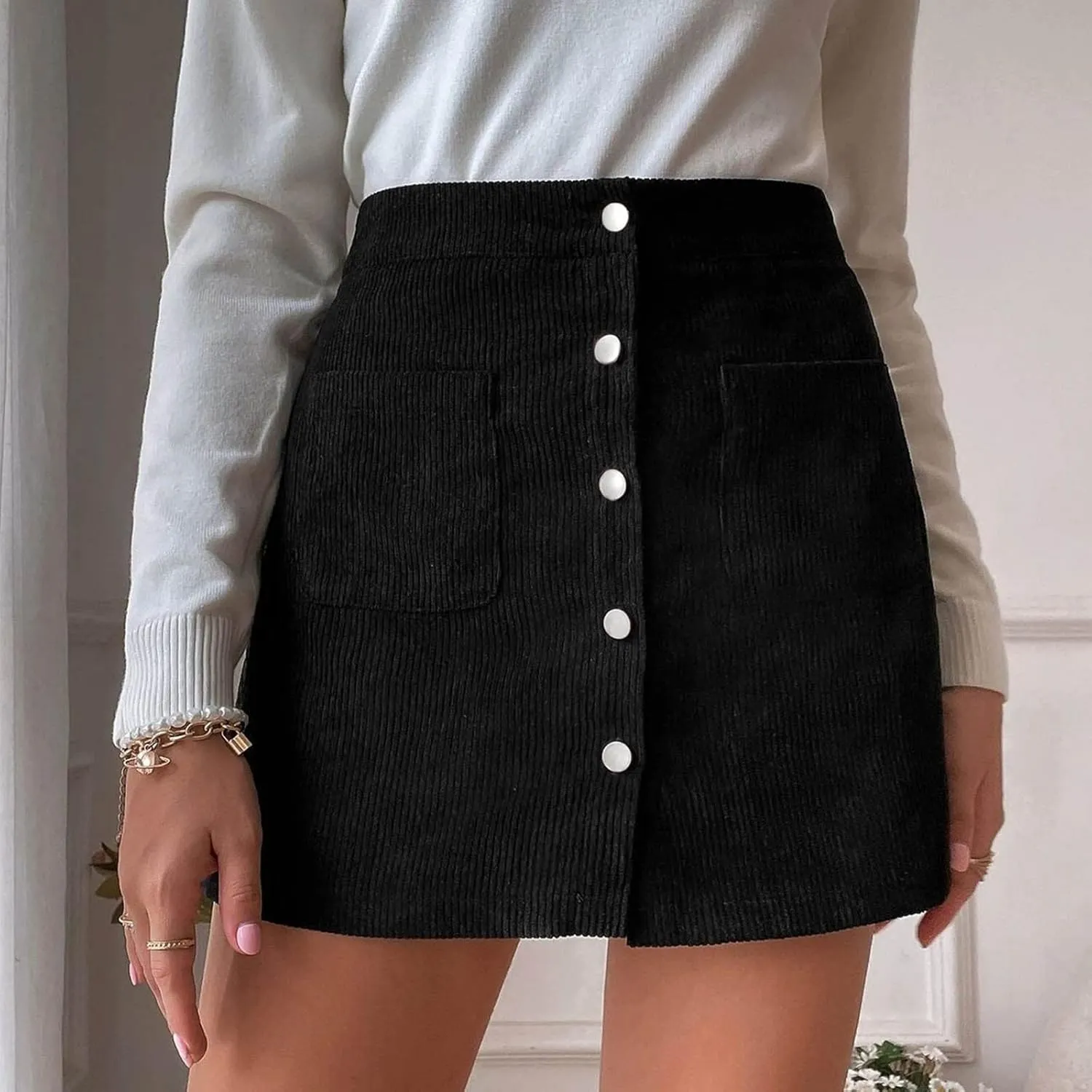 Women's Faux Suede Skirt Button Closure A-Line High Wasit Mini Short Skirt Corduroy Hip Wrap Pleated Skirt