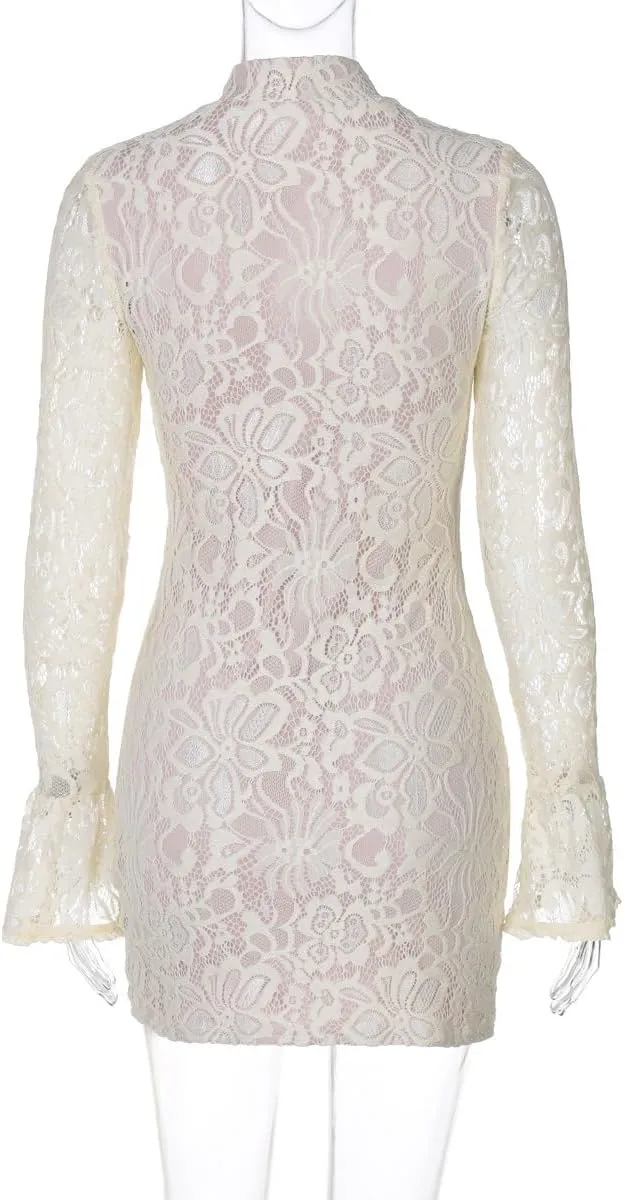 Women's Lace Long Sleeve Mini Dress Hollow Out Floral Sheer Mesh Dress Flare Sleeve Y2K Ruffle Hem Wrap Mini Dress