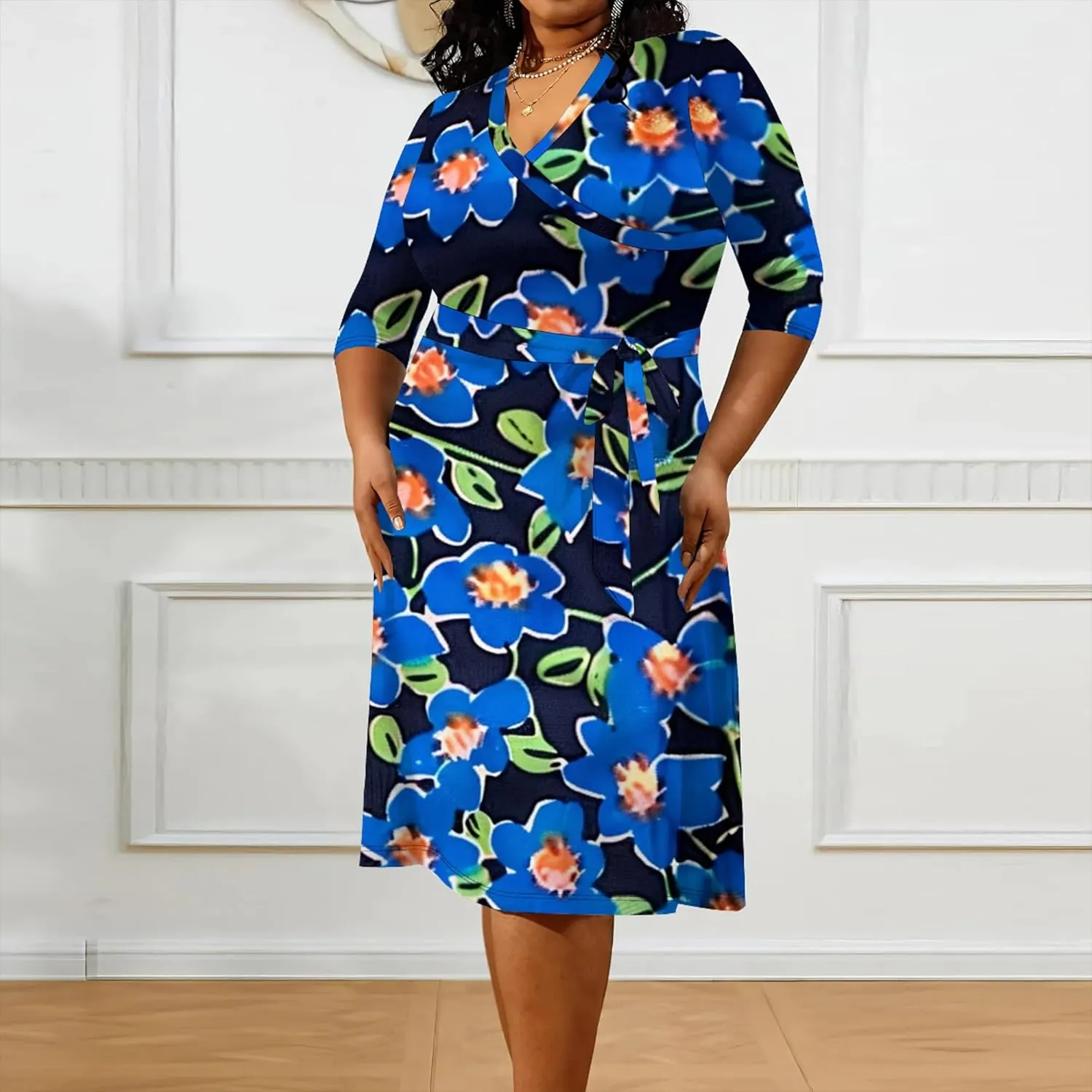 Women's Midi Dress 3/4 Sleeves Floral Printed V Neck Cocktail Party Dress Curvy Wrap Sexy Geometric Pattern Dresses with Belt