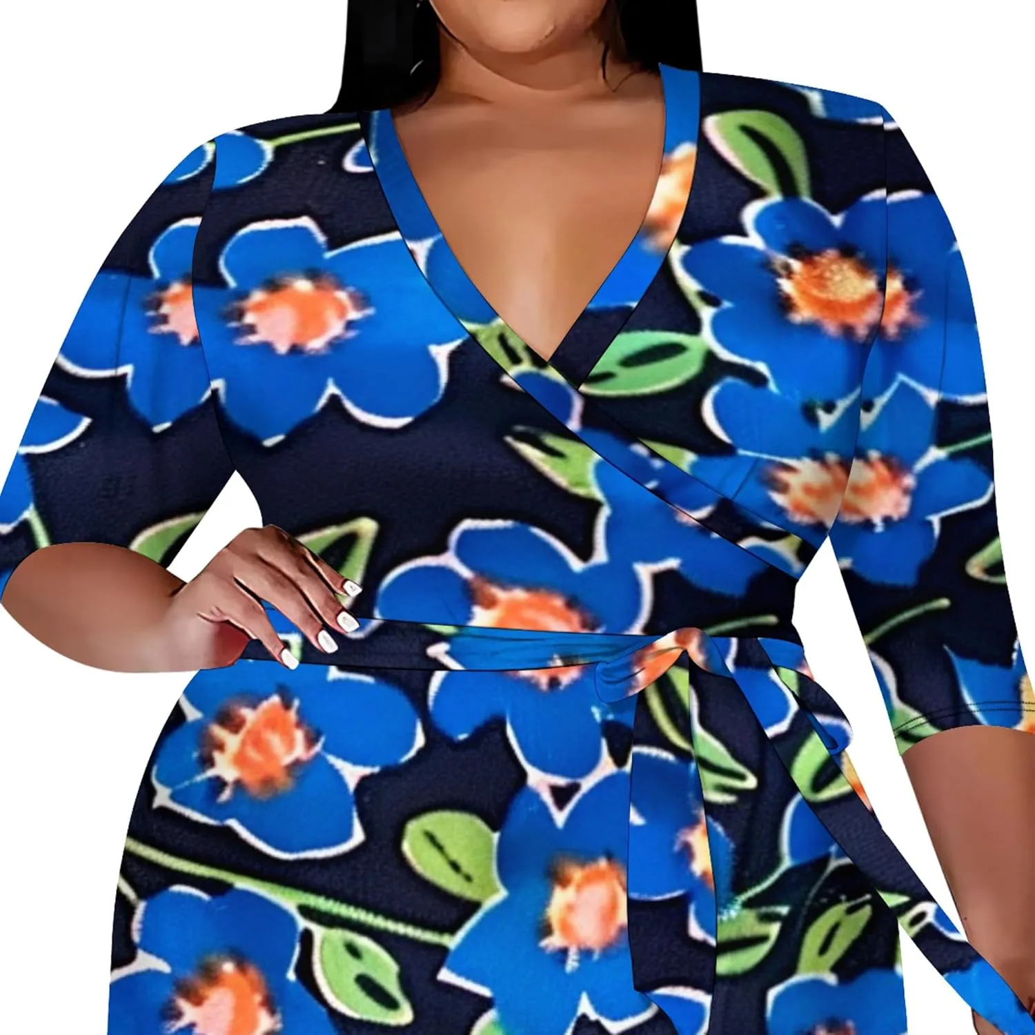 Women's Midi Dress 3/4 Sleeves Floral Printed V Neck Cocktail Party Dress Curvy Wrap Sexy Geometric Pattern Dresses with Belt