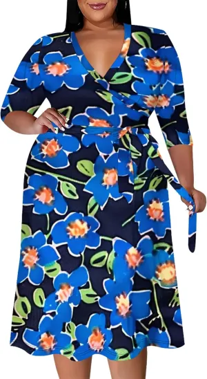 Women's Midi Dress 3/4 Sleeves Floral Printed V Neck Cocktail Party Dress Curvy Wrap Sexy Geometric Pattern Dresses with Belt