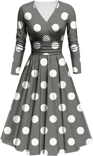Women's Midi Dresses Retro Polka Dot Print Long Sleeves V-Neck Knee-Length Dress,Plus Size Dresses for Curvy Women