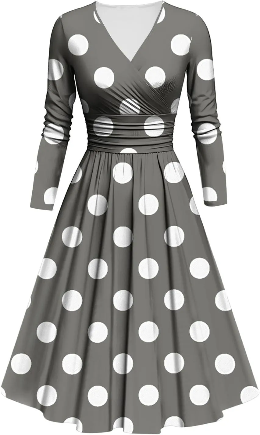 Women's Midi Dresses Retro Polka Dot Print Long Sleeves V-Neck Knee-Length Dress,Plus Size Dresses for Curvy Women