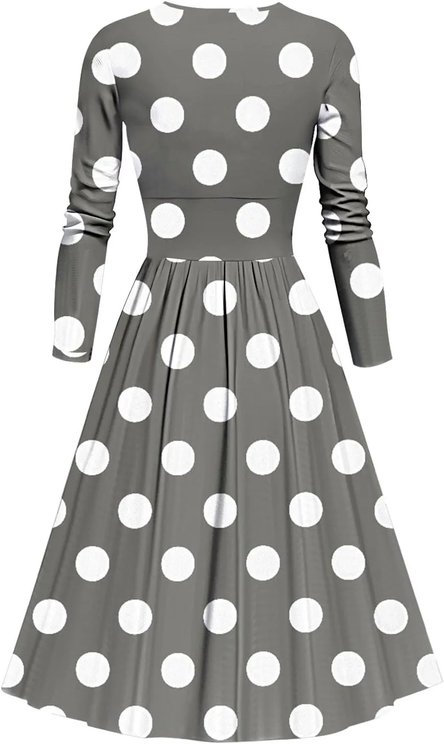 Women's Midi Dresses Retro Polka Dot Print Long Sleeves V-Neck Knee-Length Dress,Plus Size Dresses for Curvy Women