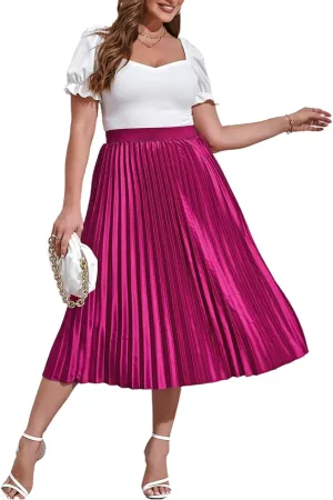 Women's Plus Size High Waist Pleated Midi Skirt Solid Elastic Swing A-line Long Skirts