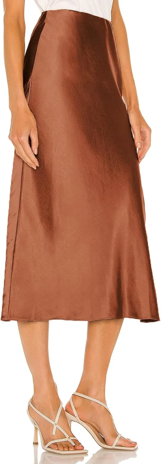 Womens Satin Silk High Waist Slit Midi Skirt Elastic Waistband Midi Skirts for Women
