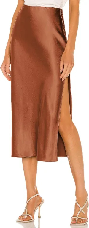 Womens Satin Silk High Waist Slit Midi Skirt Elastic Waistband Midi Skirts for Women