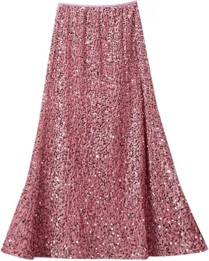 Women's Sequin Maxi Skirts Elastic High Waist Bodycon Long Mermaid Skirt Flared Wedding Party Formal Prom Skirts
