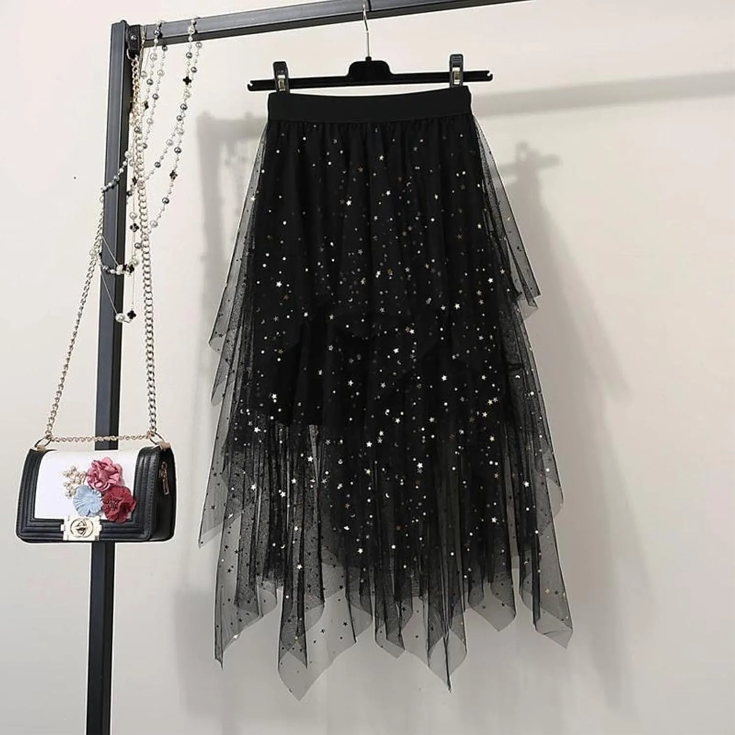 Women's Sequin Skirts A-Line Tiered Mesh Layered Asymmetrical Hem Tutu Tulle Cocktail Party Evening Prom Midi Skirt