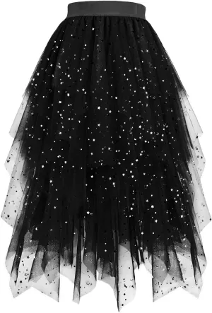 Women's Sequin Skirts A-Line Tiered Mesh Layered Asymmetrical Hem Tutu Tulle Cocktail Party Evening Prom Midi Skirt