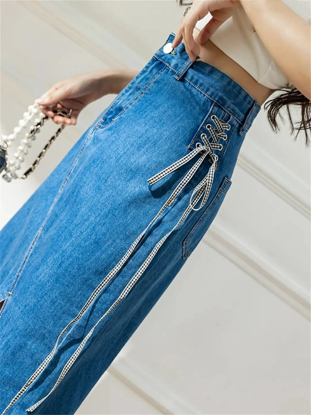 Women's Sexy Side Lace-Up Jeans Skirts with Slit High-Waisted Big Pockets Irregular Denim Skirts