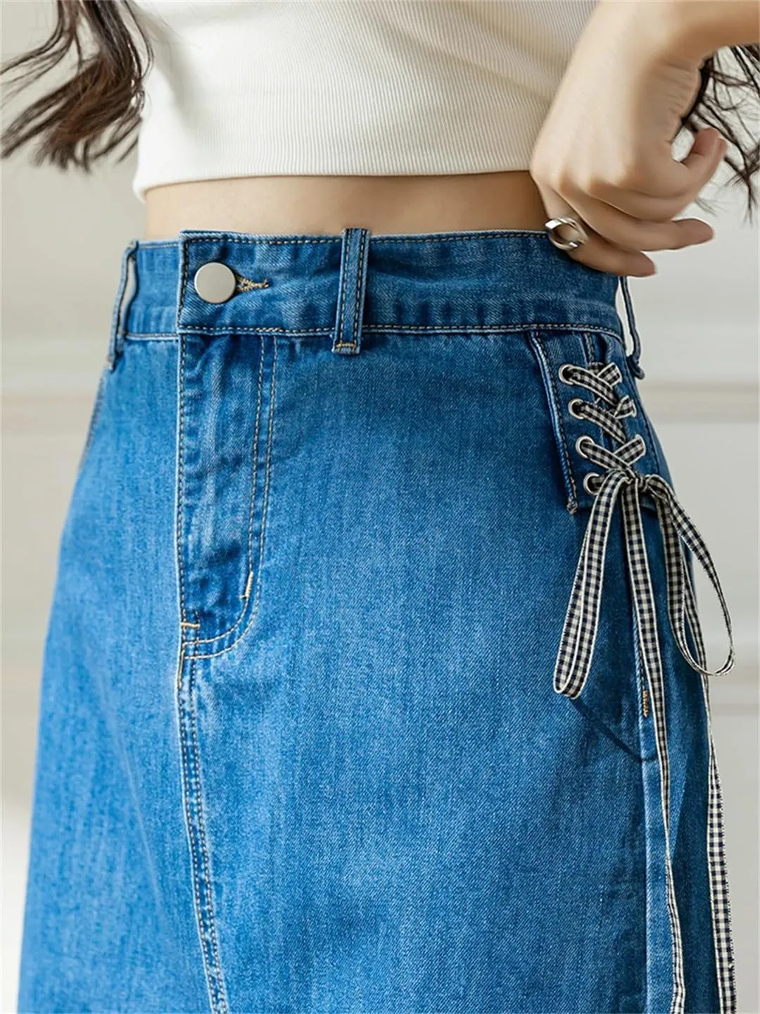 Women's Sexy Side Lace-Up Jeans Skirts with Slit High-Waisted Big Pockets Irregular Denim Skirts