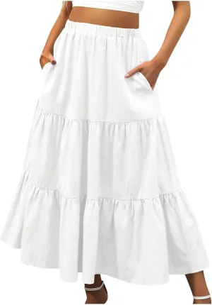 Womens Summer Boho Midi Skirt Flowy Swing Tiered A-Line Skirts with Pockets 2025 Trendy Ruffle Pleated Beach Dress