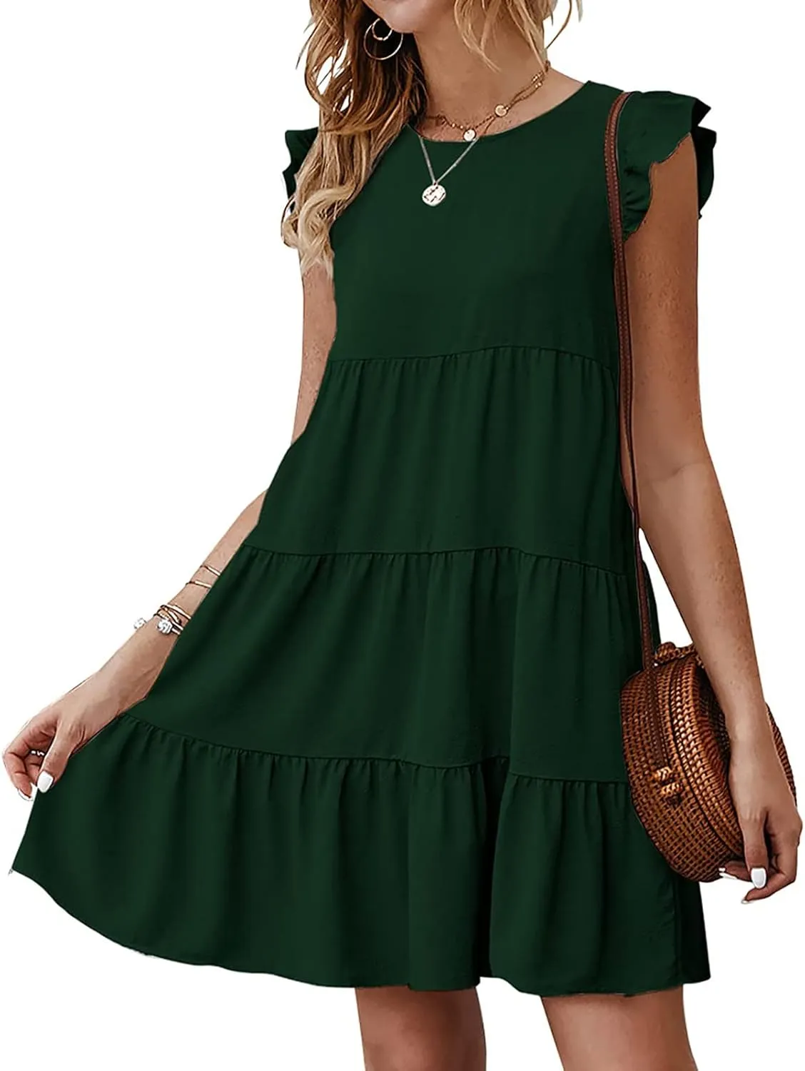 Womens Summer Dress Sleeveless Ruffle Short Sleeve Round Neck Dress Loose Fit Short Flowy Mini Pleated Dresses Green Flower-S