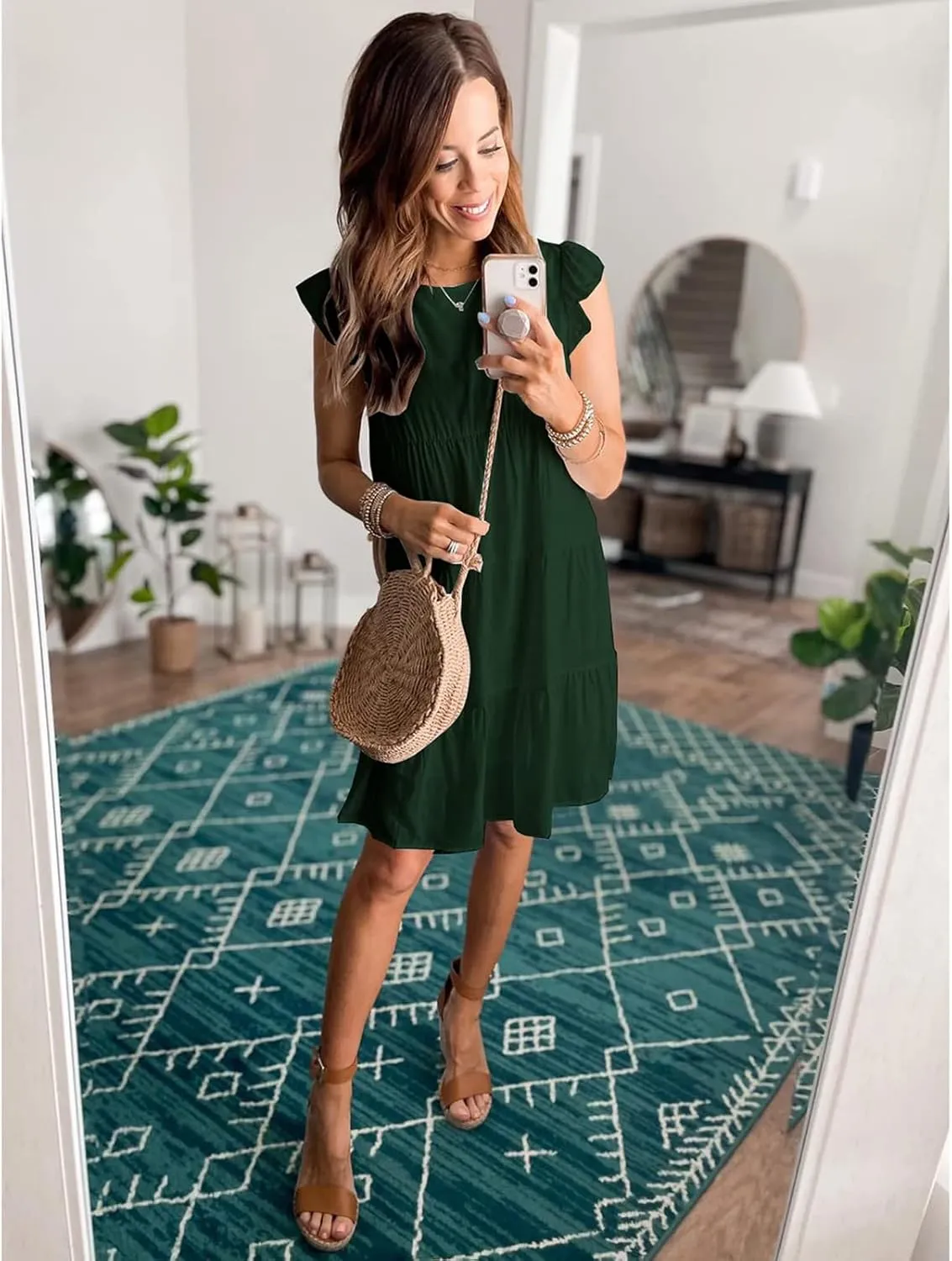 Womens Summer Dress Sleeveless Ruffle Short Sleeve Round Neck Dress Loose Fit Short Flowy Mini Pleated Dresses Green Flower-S