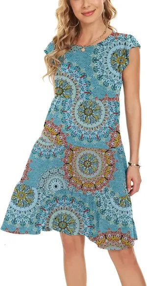 Womens Summer Dress Sleeveless Ruffle Short Sleeve Round Neck Dress Loose Fit Short Flowy Mini Pleated Dresses Green Flower-S