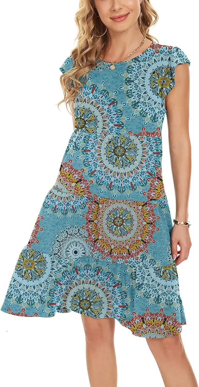 Womens Summer Dress Sleeveless Ruffle Short Sleeve Round Neck Dress Loose Fit Short Flowy Mini Pleated Dresses Green Flower-S