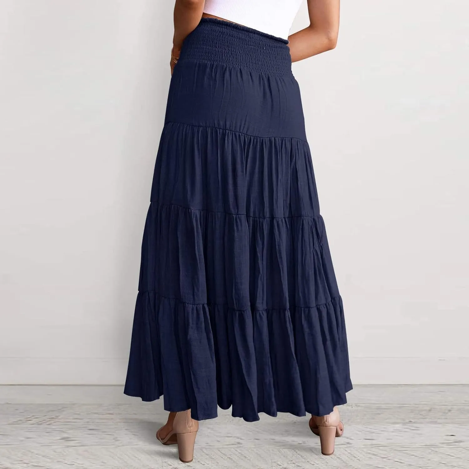 Women's Summer Elastic High Waist Boho Maxi Skirt Casual Drawstring A Line Long Skirt Full Size Bed Skirt (Navy, M)