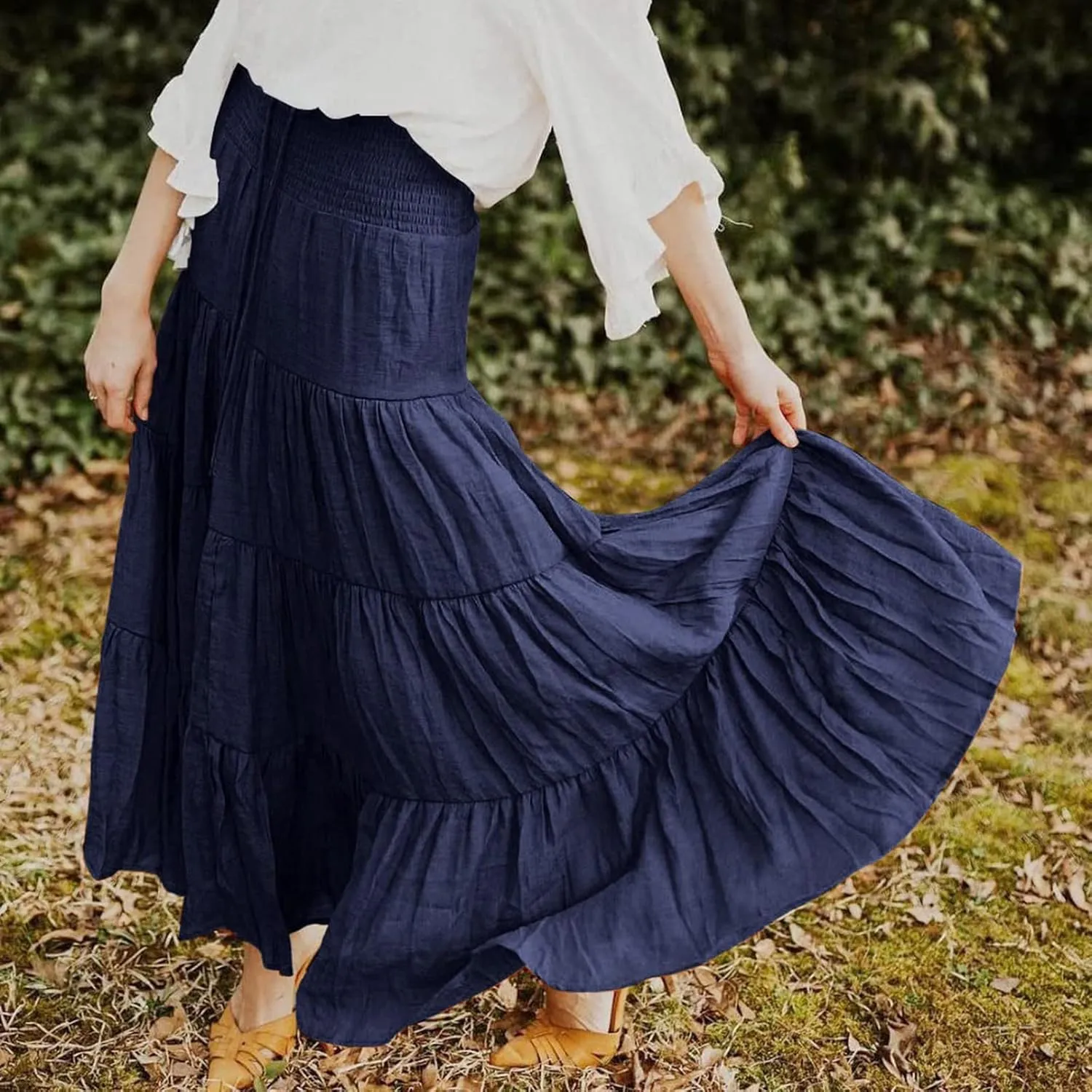 Women's Summer Elastic High Waist Boho Maxi Skirt Casual Drawstring A Line Long Skirt Full Size Bed Skirt (Navy, M)