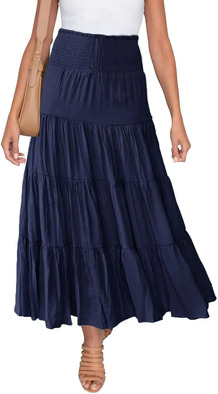 Women's Summer Elastic High Waist Boho Maxi Skirt Casual Drawstring A Line Long Skirt Full Size Bed Skirt (Navy, M)