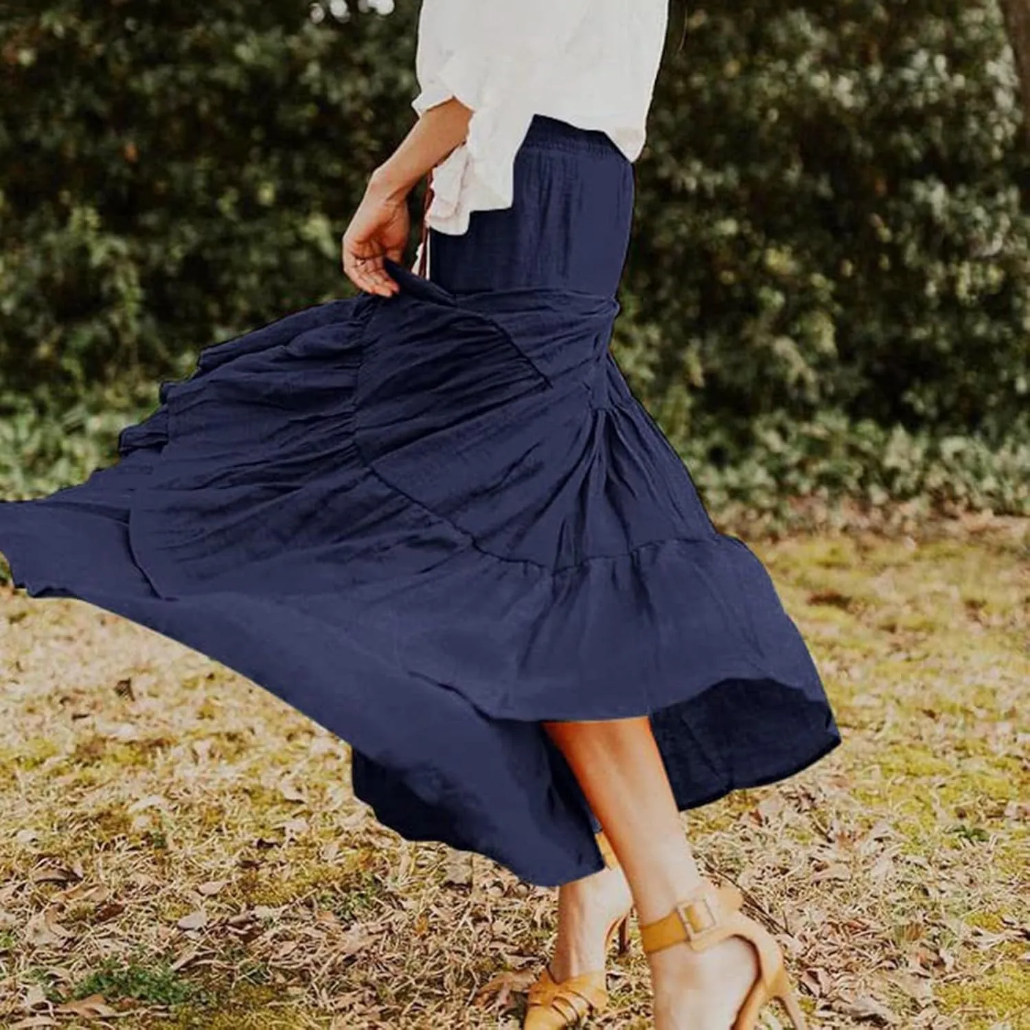Women's Summer Elastic High Waist Boho Maxi Skirt Casual Drawstring A Line Long Skirt Full Size Bed Skirt (Navy, M)