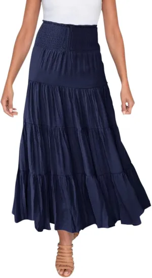 Women's Summer Elastic High Waist Boho Maxi Skirt Casual Drawstring A Line Long Skirt Full Size Bed Skirt (Navy, M)