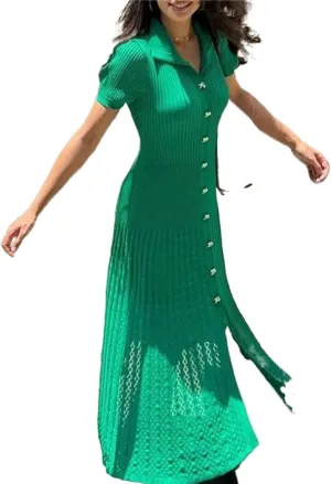 Women's Summer Maxi Dress Elegant Knitted Short Sleeve Pleated Hem Single Breasted Hollow Out Polo Neck Dresses