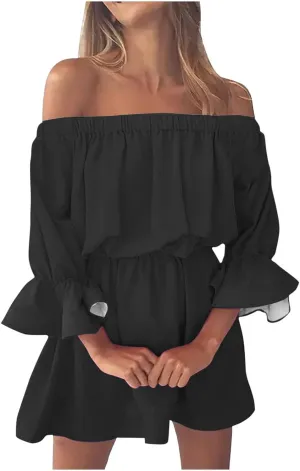 Women's Summer Off Shoulder Ruffle Hem A-Line Mini Dress Flounce Half Sleeve Elastic High Waist Floral Print Beach Dress 2024, Small, A#2-black