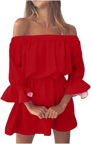 Women's Summer Off Shoulder Ruffle Hem A-Line Mini Dress Flounce Half Sleeve Elastic High Waist Floral Print Beach Dress 2024, X-Large, A#2-red