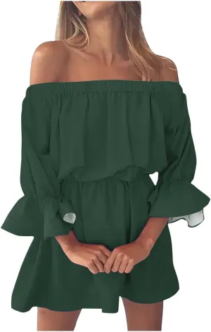 Women's Summer Off Shoulder Ruffle Hem A-Line Mini Dress Flounce Half Sleeve Elastic High Waist Floral Print Beach Dress 2024, X-Large