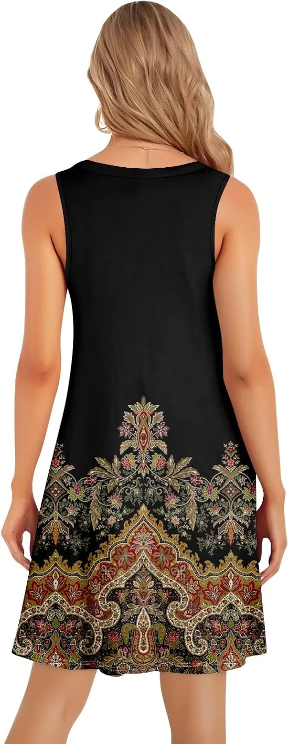 Womens Sundresses Summer Midi Tropical Sleeveless Dress U Neck Glam Tank Knee Length Fashion Party Dresses
