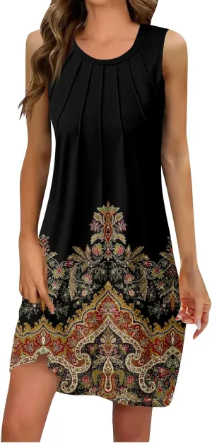 Womens Sundresses Summer Midi Tropical Sleeveless Dress U Neck Glam Tank Knee Length Fashion Party Dresses