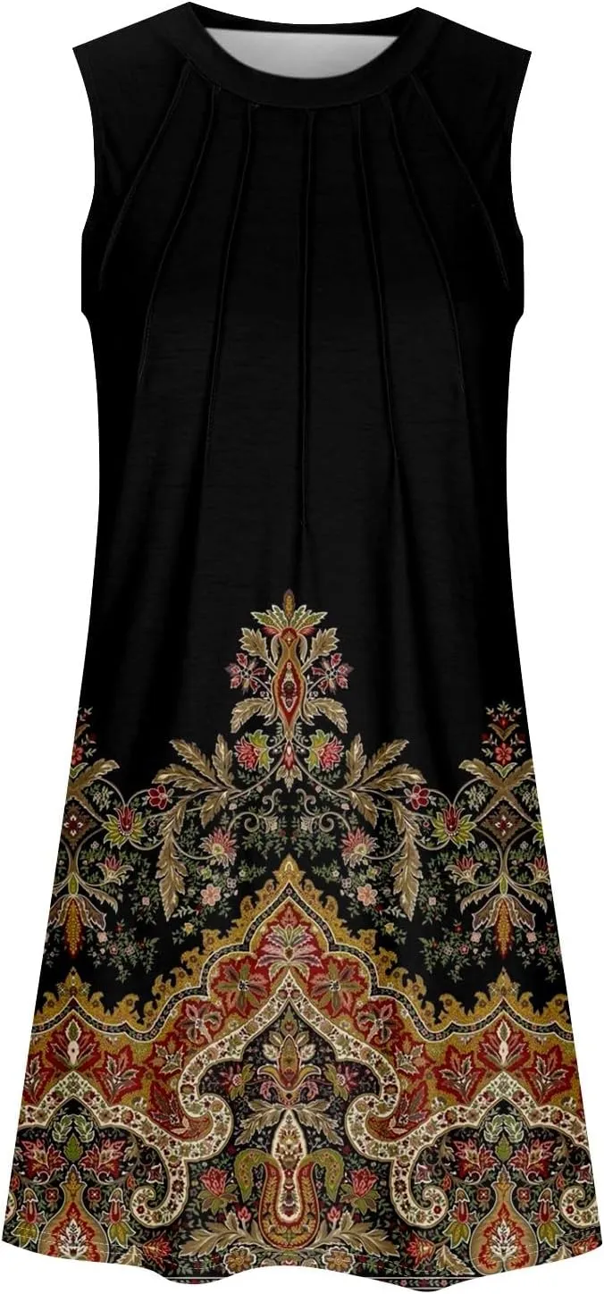 Womens Sundresses Summer Midi Tropical Sleeveless Dress U Neck Glam Tank Knee Length Fashion Party Dresses