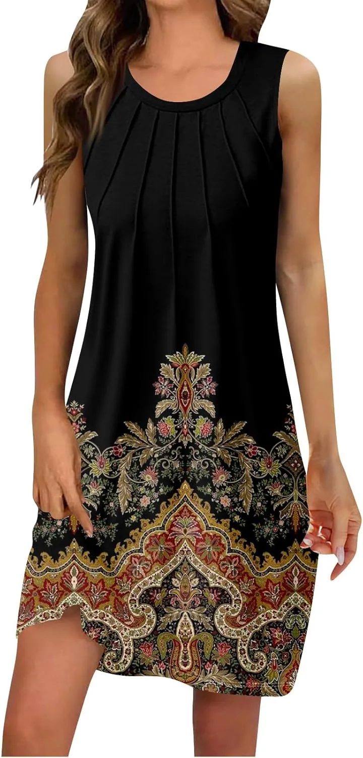 Womens Sundresses Summer Midi Tropical Sleeveless Dress U Neck Glam Tank Knee Length Fashion Party Dresses