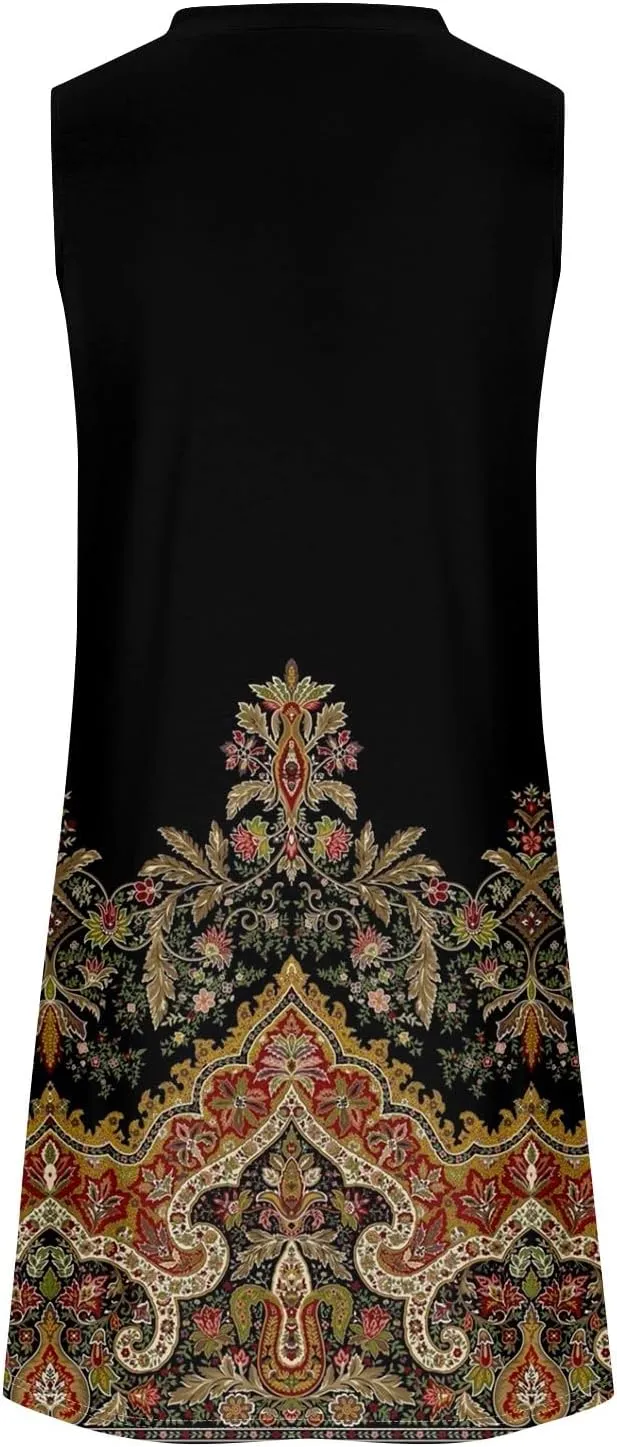 Womens Sundresses Summer Midi Tropical Sleeveless Dress U Neck Glam Tank Knee Length Fashion Party Dresses