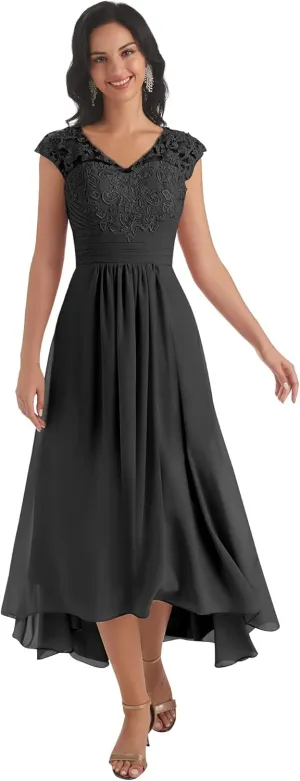 Women's V Neck Mother of The Bride Dresses for Wedding Cap Sleeves Lace A-Line Formal Gown with Pockets